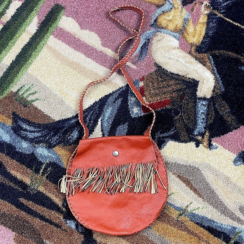 Vintage Leather Orange Bag with Fringe and Snap Closure - Picture 2 of 11